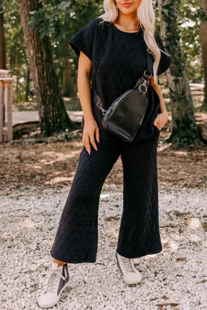 Chic Quilted Black Lounge Set with Wide Leg Pants and Short Sleeve Top