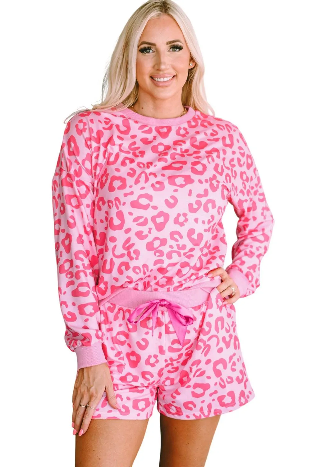 Chic Satin Pink Leopard Print Pajama Set with Bow and Shorts for Ultimate Comfort