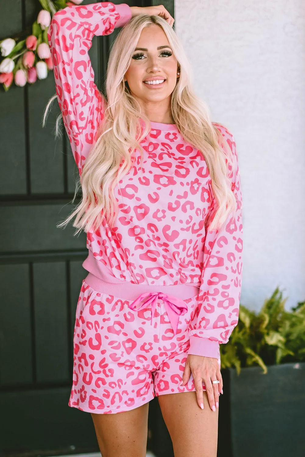 Chic Satin Pink Leopard Print Pajama Set with Bow and Shorts for Ultimate Comfort