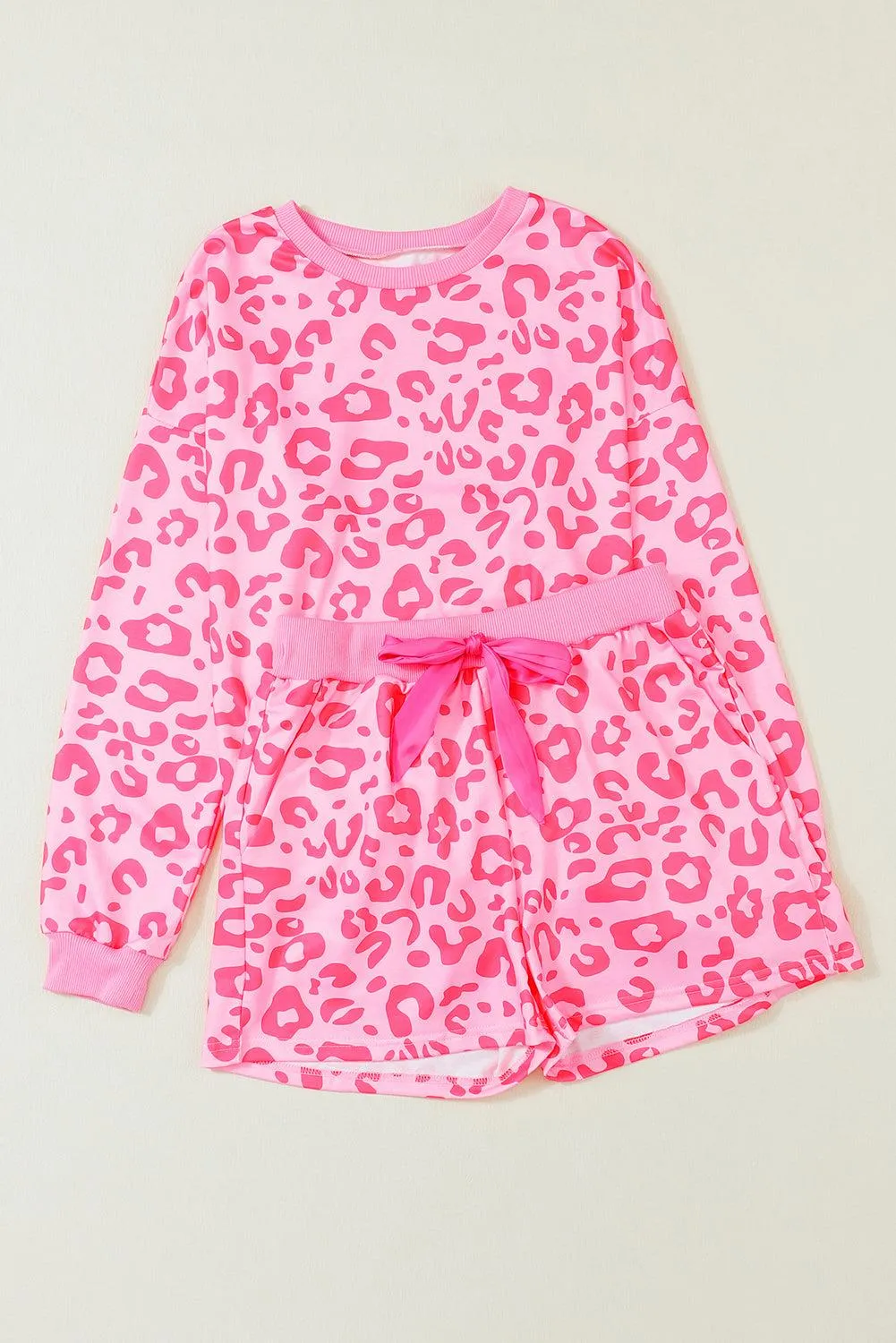 Chic Satin Pink Leopard Print Pajama Set with Bow and Shorts for Ultimate Comfort