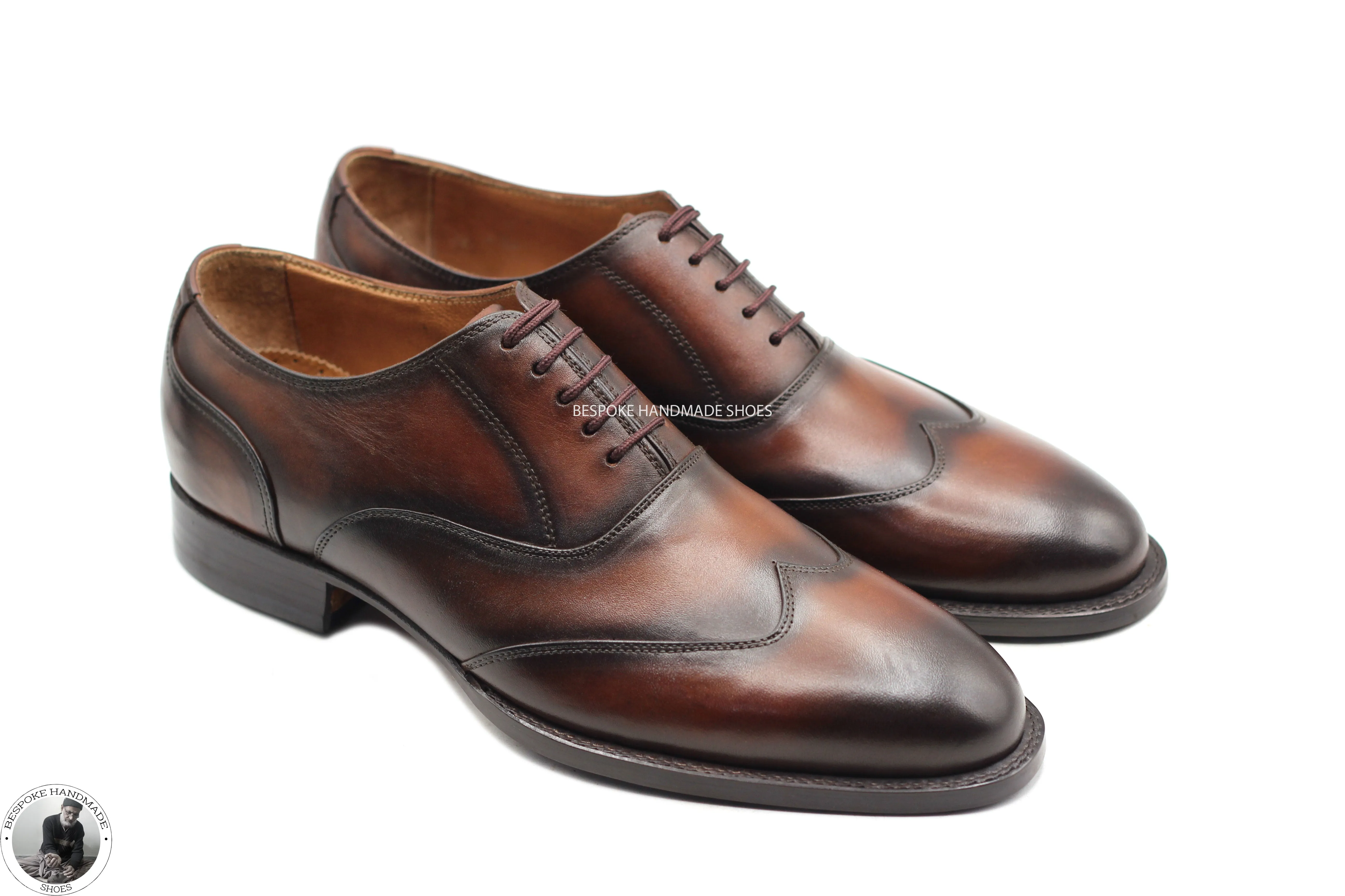 Custom Made Handmade Goodyear Welted Chocolate Brown Leather Oxford Lace up Wingtip Brogue Dress Shoes