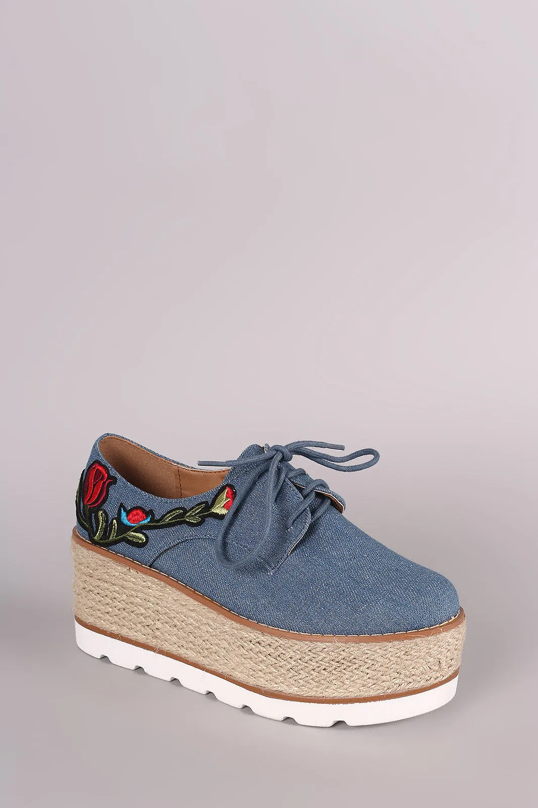 Denim Floral Patch Lace Up Espadrille Oxford Flatform Wedge