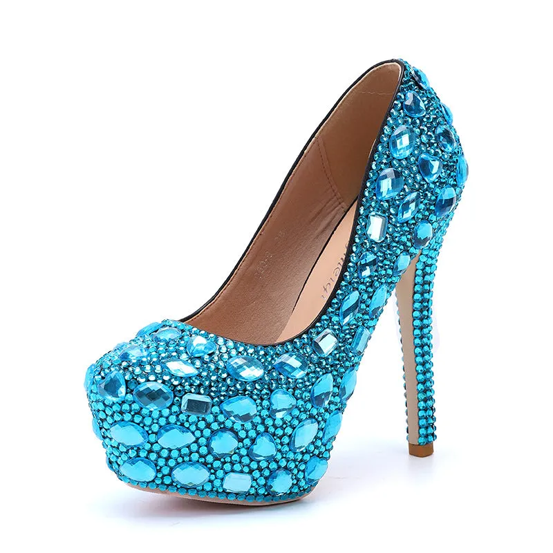 Elegant Blue Ballroom Round-toe High Heel Wedding Shoes-2