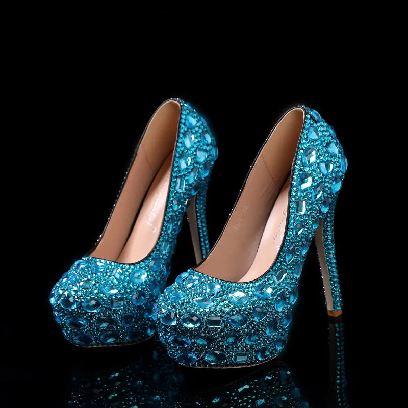 Elegant Blue Ballroom Round-toe High Heel Wedding Shoes-2