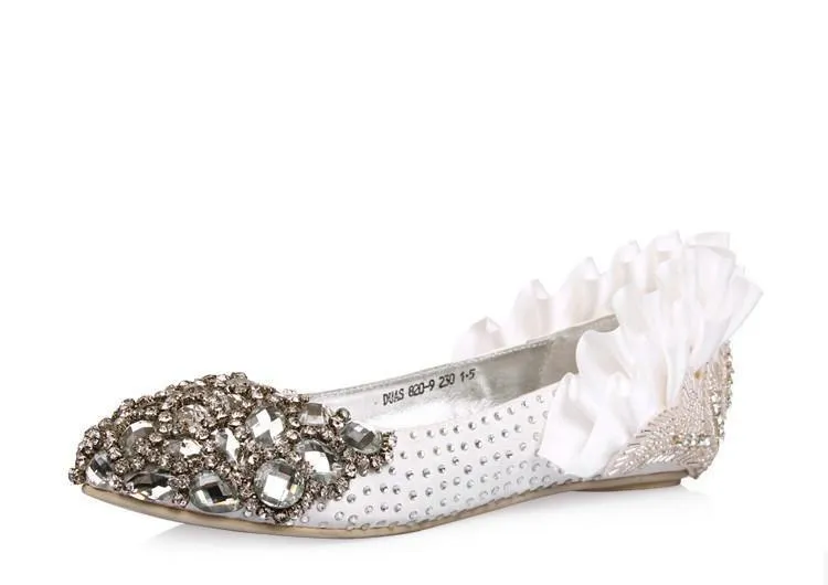 Fashion Sparkly Crystal Flat Heels Pointed Toe Rhinestone Wedding Bridal Shoes, SY0107