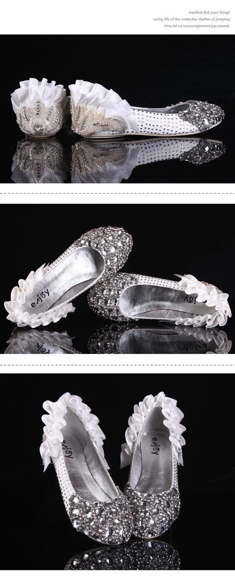 Fashion Sparkly Crystal Flat Heels Pointed Toe Rhinestone Wedding Bridal Shoes, SY0107