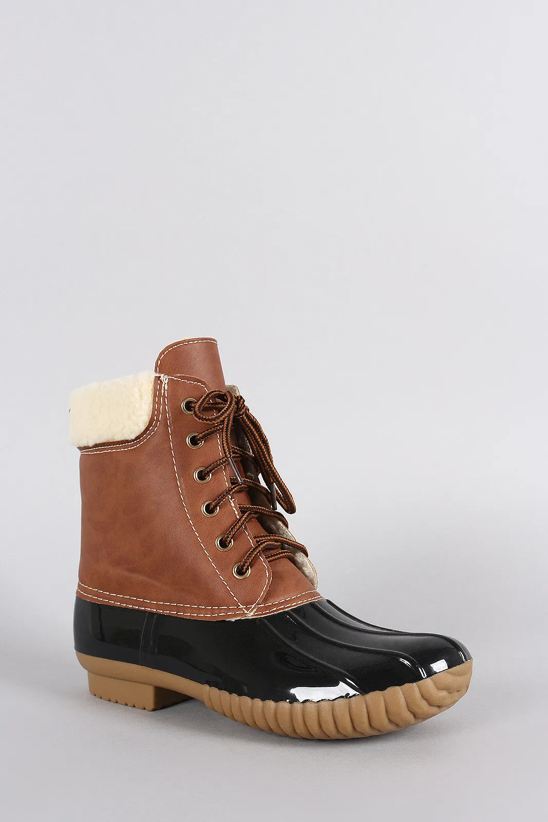 Faux Shearling Cuff Lace Up Duck Ankle Boots