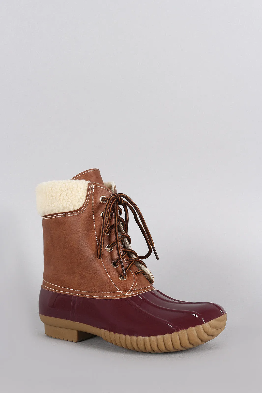 Faux Shearling Cuff Lace Up Duck Ankle Boots