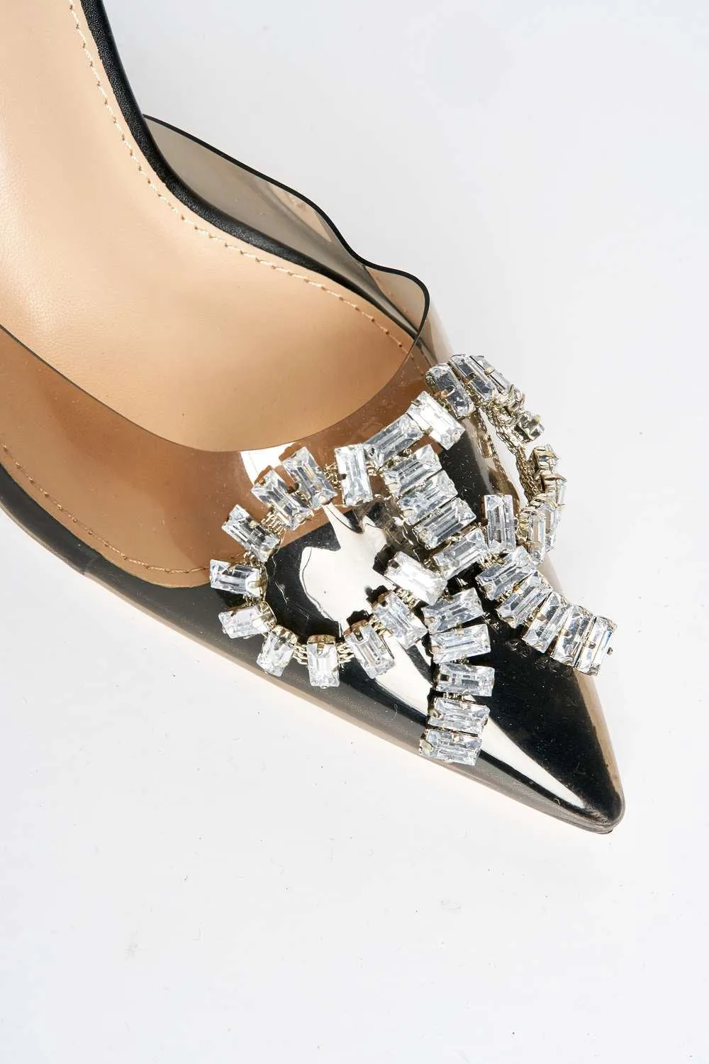 Florya Diamante Front Detail Sling Back Perspex Court Shoes in Black