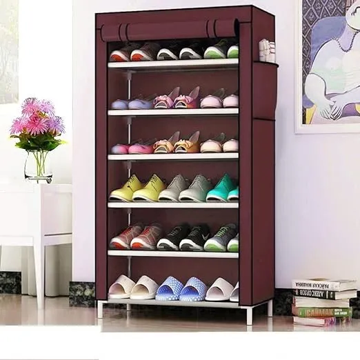 Folding Shoes Rack 6 Tiers With Cover (Brown)