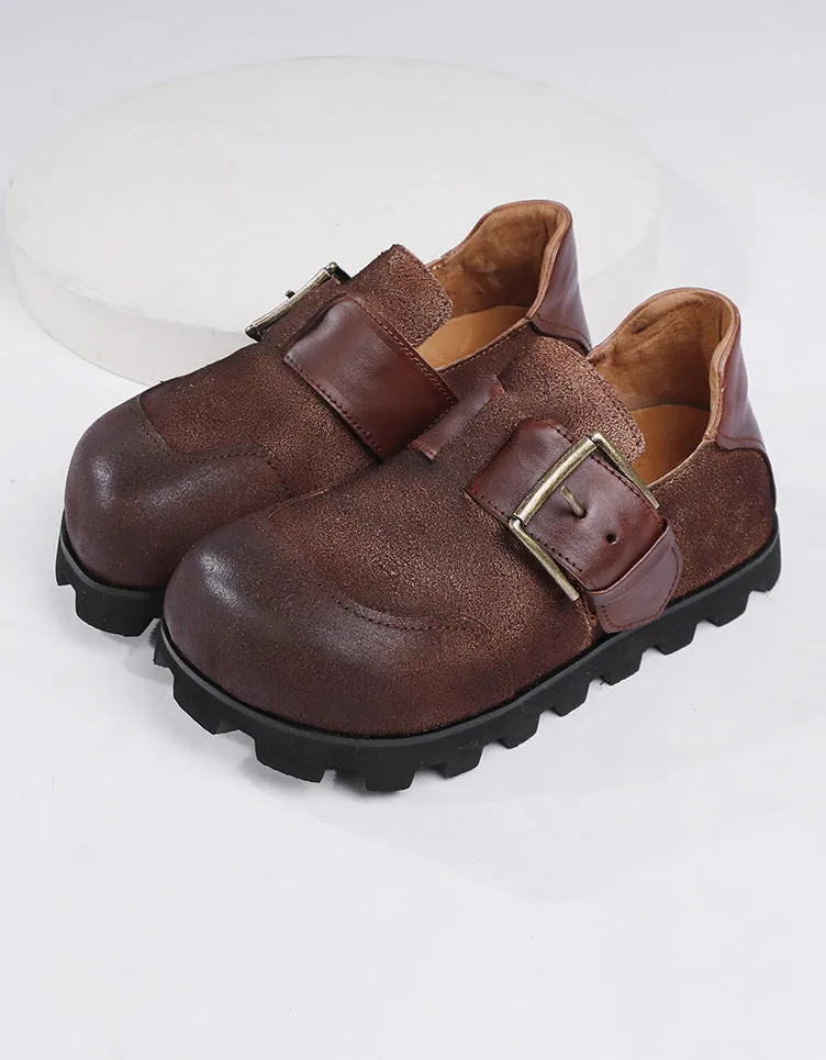 Handmade Buckle Strap Wide Toe Box Suede Flat Shoes