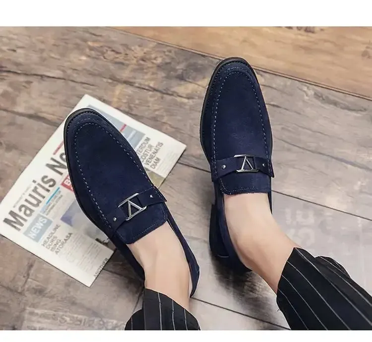 Hnzxzm Designer Brand Leather Shoes Men's Loafers Men's Flocked Shoes Business Blue Breathable Solid Color Shoes Handmade Casual Shoes