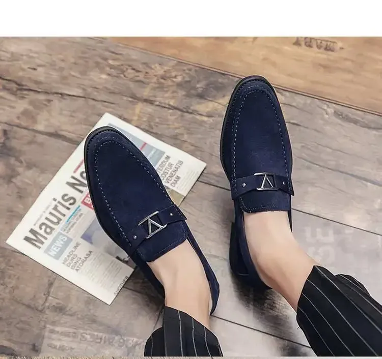 Hnzxzm Designer Brand Leather Shoes Men's Loafers Men's Flocked Shoes Business Blue Breathable Solid Color Shoes Handmade Casual Shoes