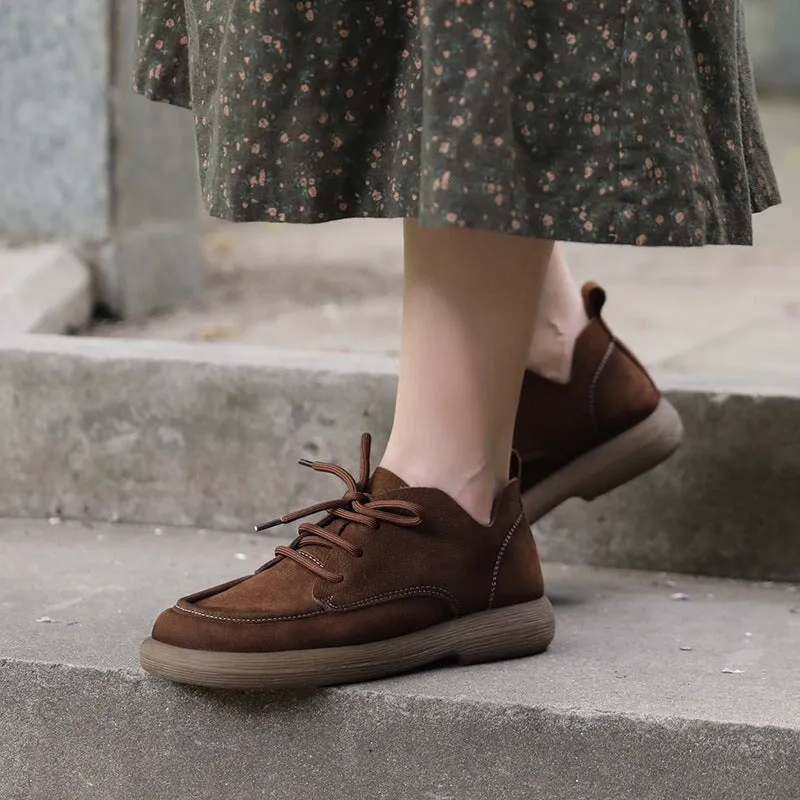 Lace Up Oxfords Soft Leather Derby Flats For Women in Coffee/Gray/Brown