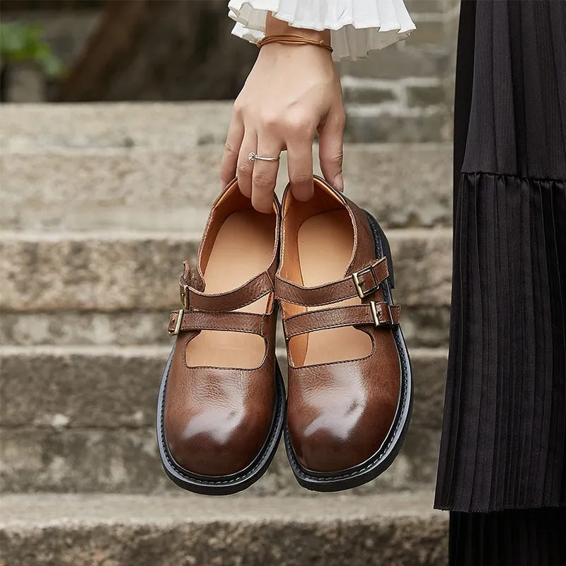 Leather Mary Jane Pumps Double Strappy Block Heel Dress Shoes in Coffee/Black