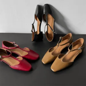 Leather T-strap Low Heel Mary Jane Shoes For Summer Retro Sandals in Red/Black/Khaki