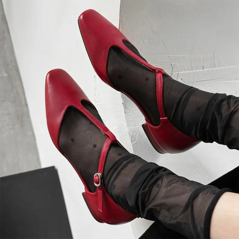 Leather T-strap Low Heel Mary Jane Shoes For Summer Retro Sandals in Red/Black/Khaki