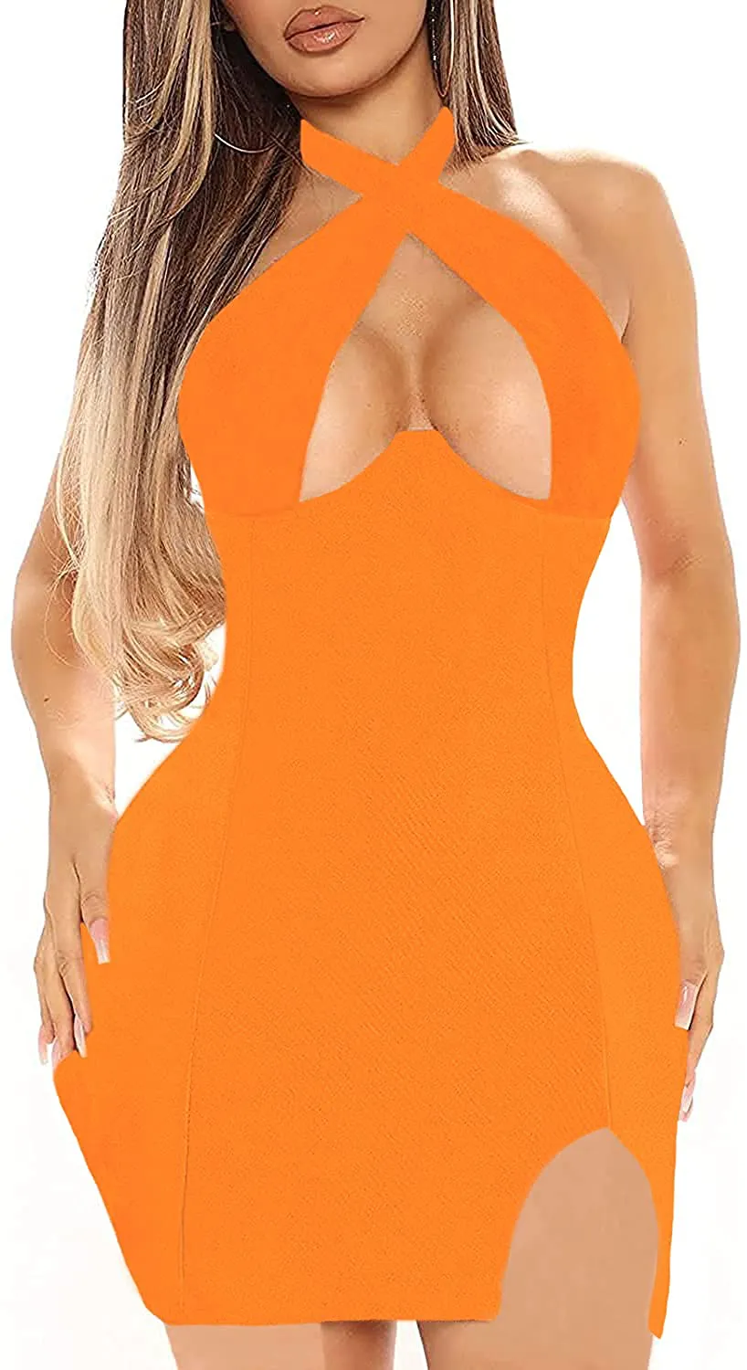 LYANER Women's Cut Out Halter Wrap Sexy Bodycon Party Sleeveless Tank Mini Dress