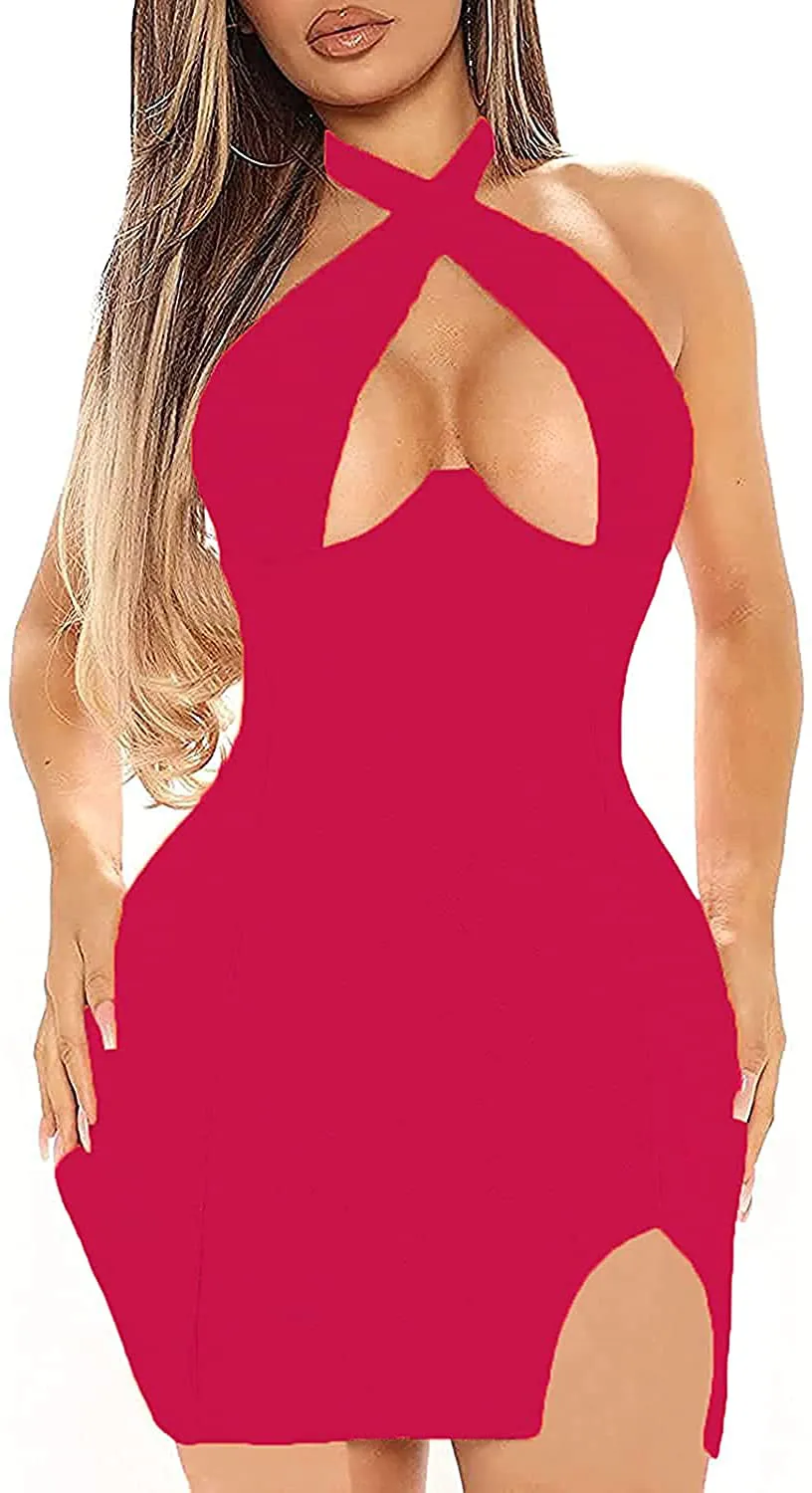 LYANER Women's Cut Out Halter Wrap Sexy Bodycon Party Sleeveless Tank Mini Dress