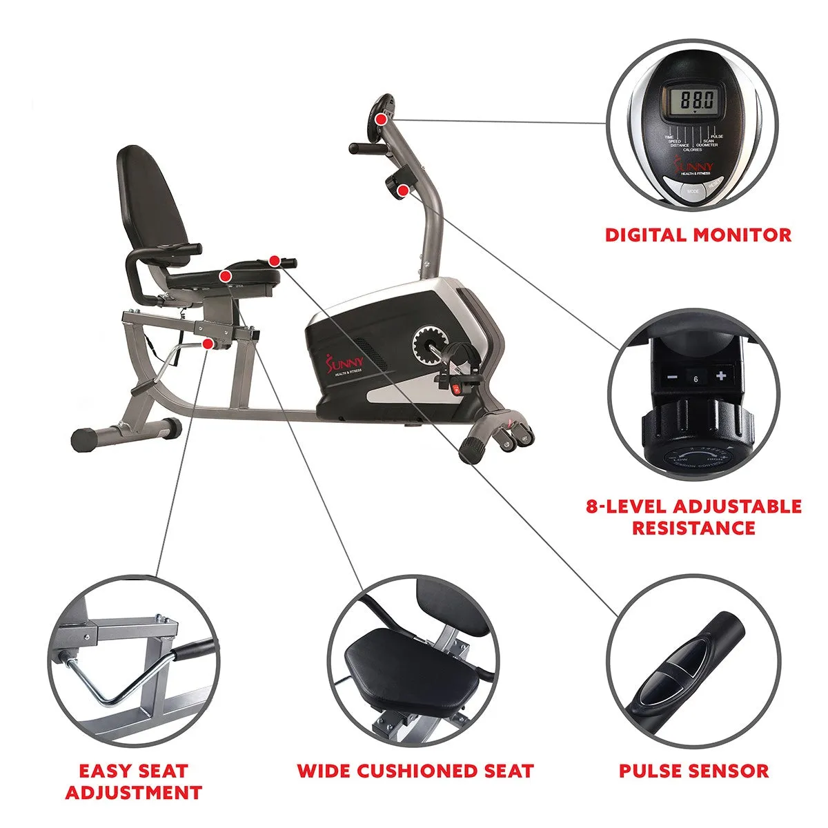 Magnetic Recumbent Exercise Bike, 300 lb Capacity & Adjustable Seat