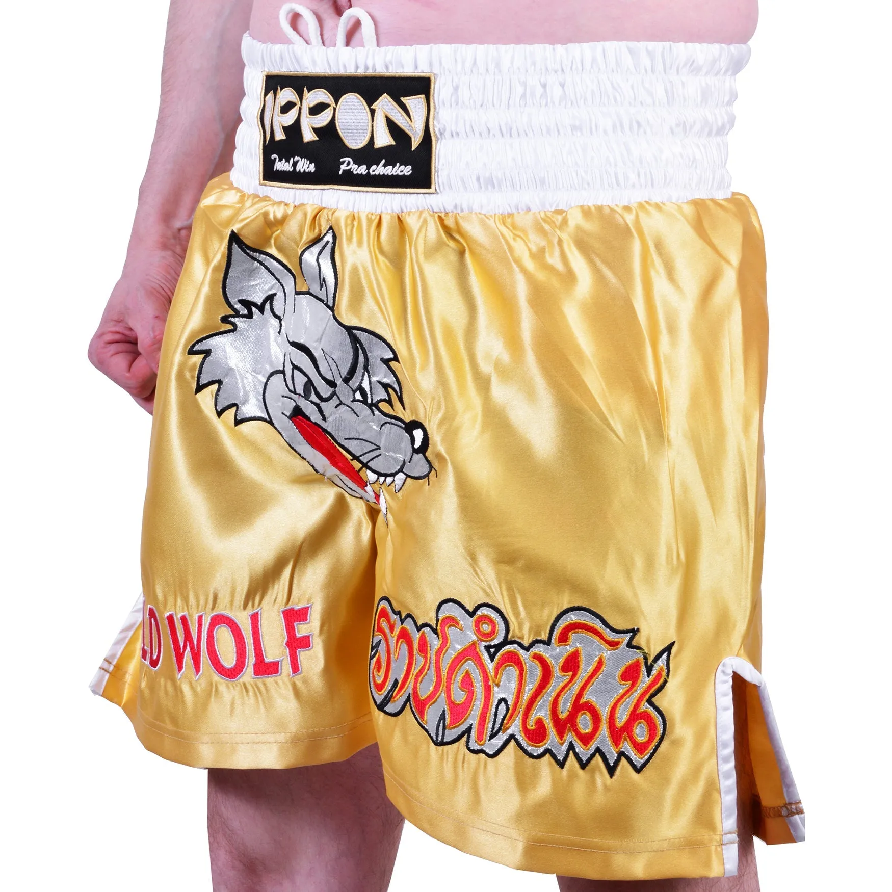 MAR-095I | Gold Kickboxing & K1 Shorts w/ Silver Fox Emblem