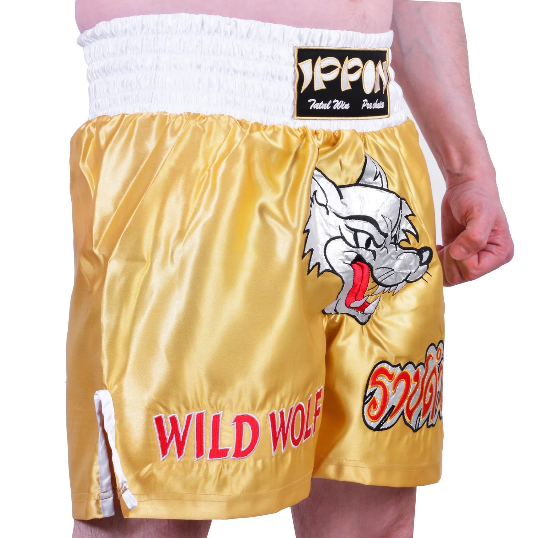 MAR-095I | Gold Kickboxing & K1 Shorts w/ Silver Fox Emblem