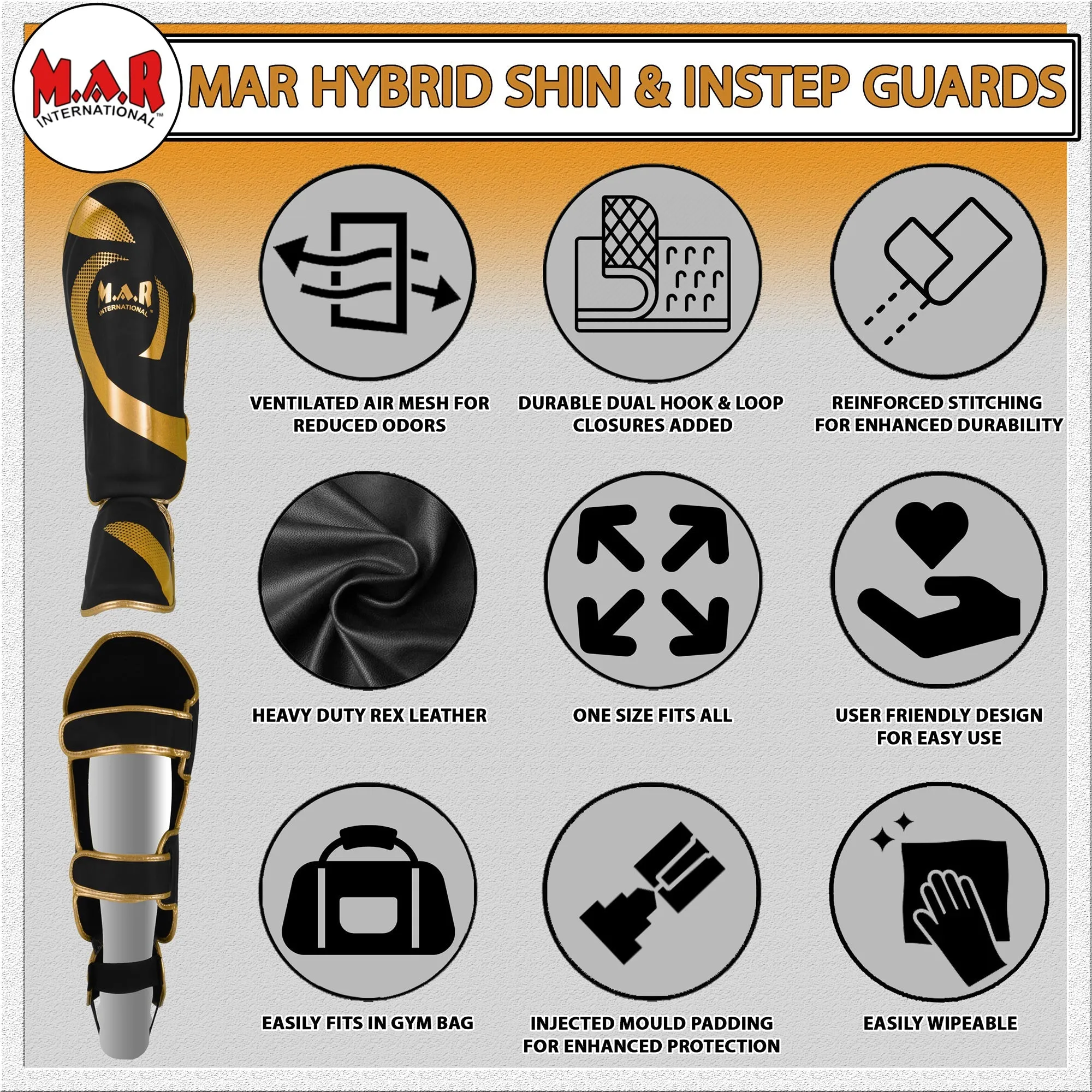 MAR-148G | Black & Gold Kickboxing/Thai Boxing Shin & Instep Guards