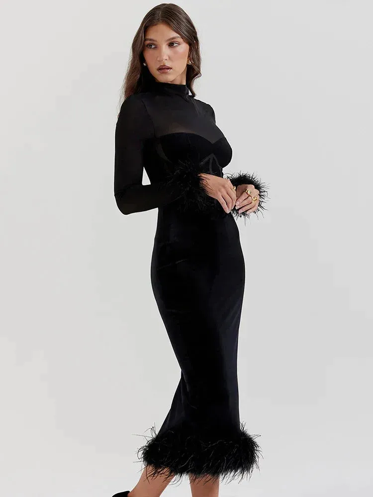 Marie Mae - Figure flattering velvet dress with feather details