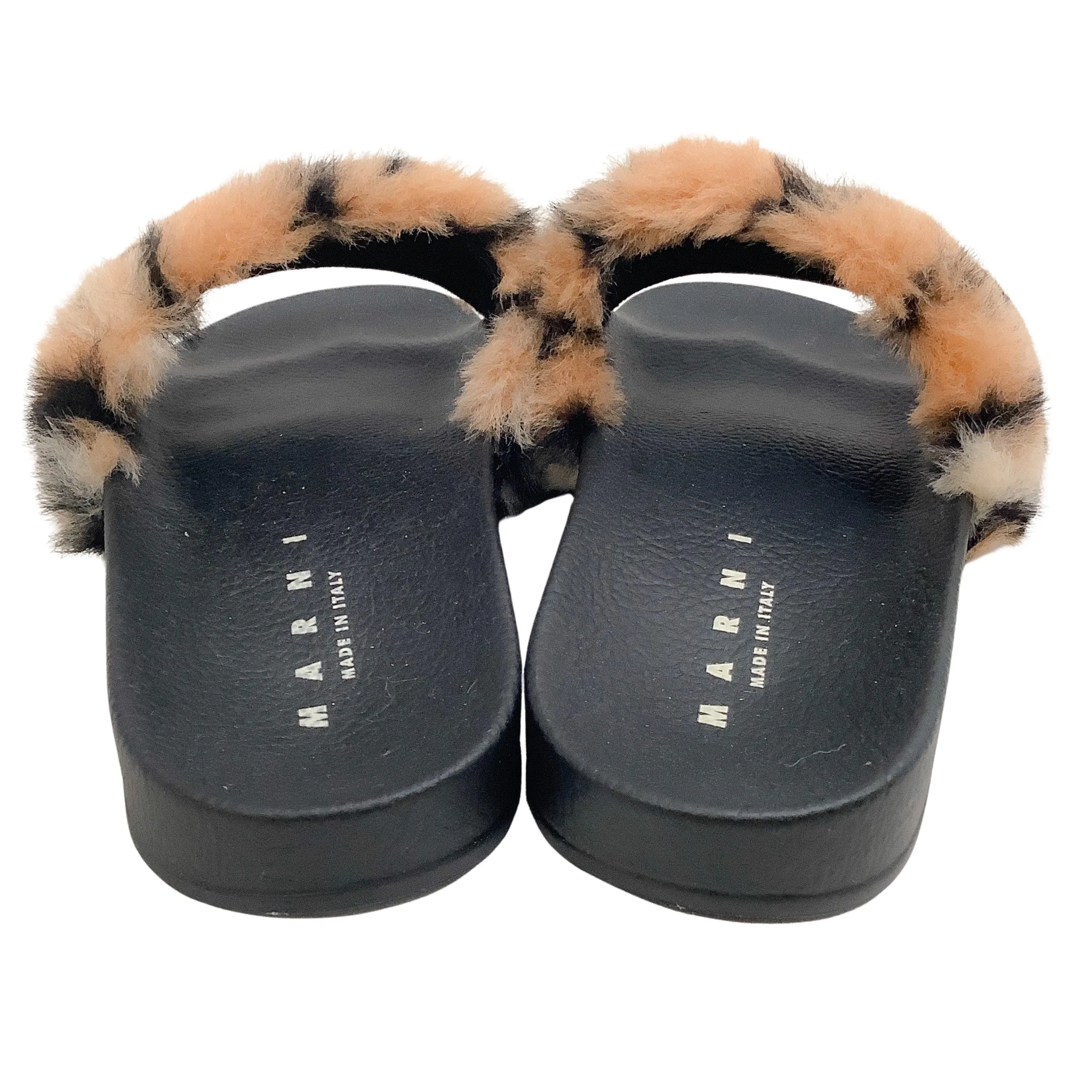 Marni Camel / Black Leopard Faux Fur Embroidered Logo Slide Sandals