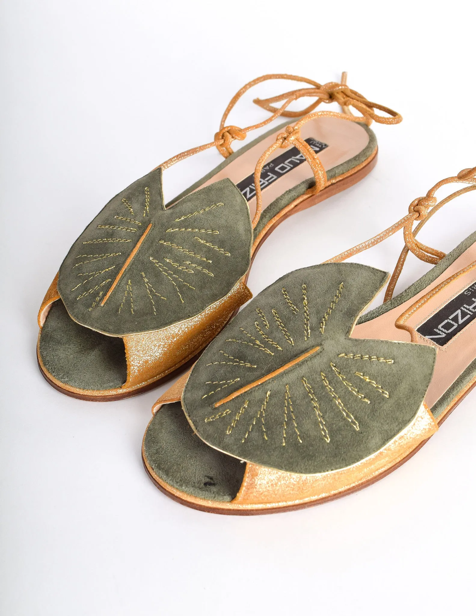 Maud Frizon Vintage Gold Leather & Green Suede Lily Pad Sandals