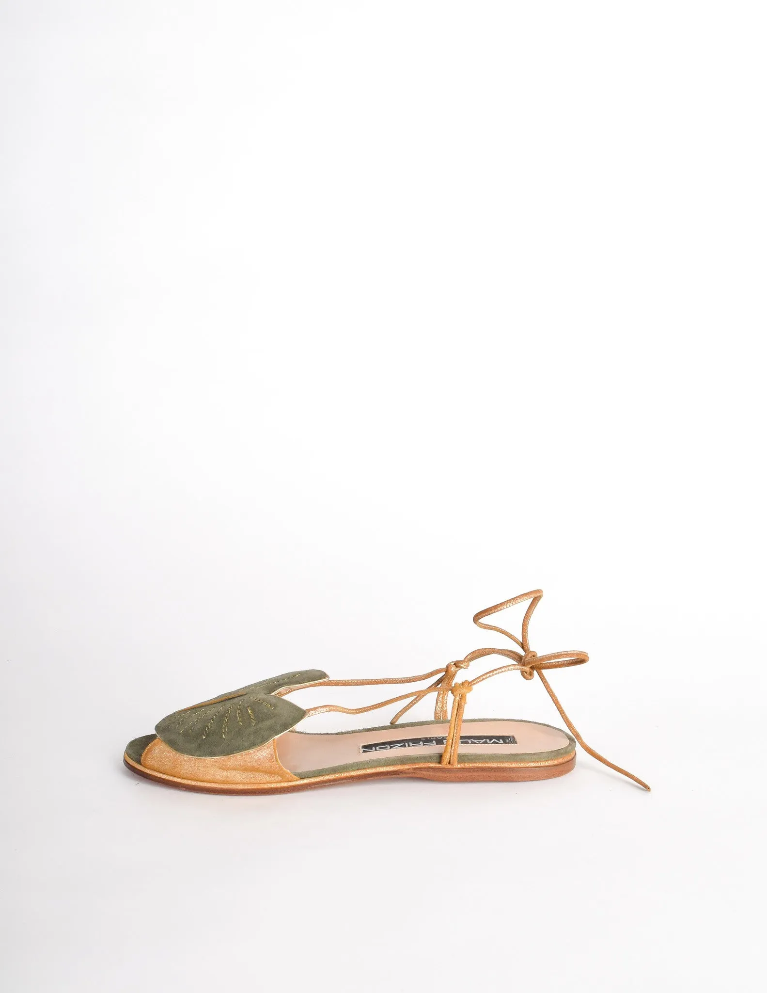 Maud Frizon Vintage Gold Leather & Green Suede Lily Pad Sandals