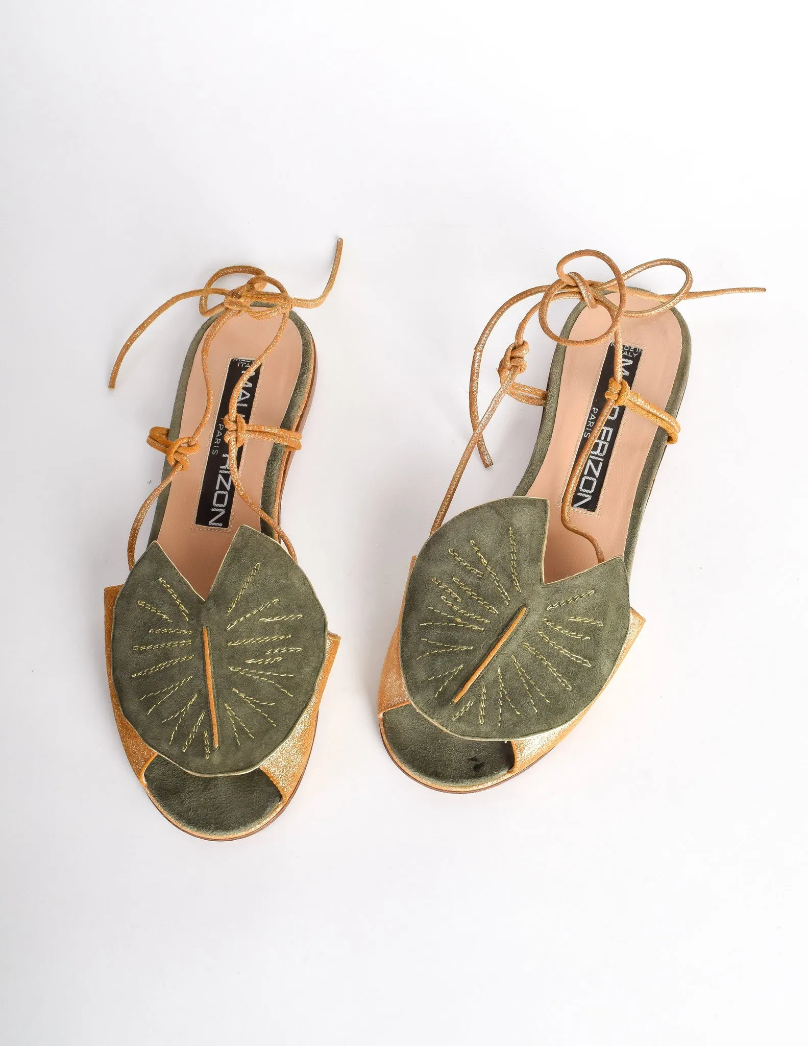 Maud Frizon Vintage Gold Leather & Green Suede Lily Pad Sandals