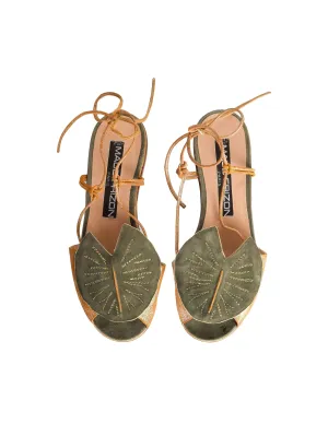 Maud Frizon Vintage Gold Leather & Green Suede Lily Pad Sandals