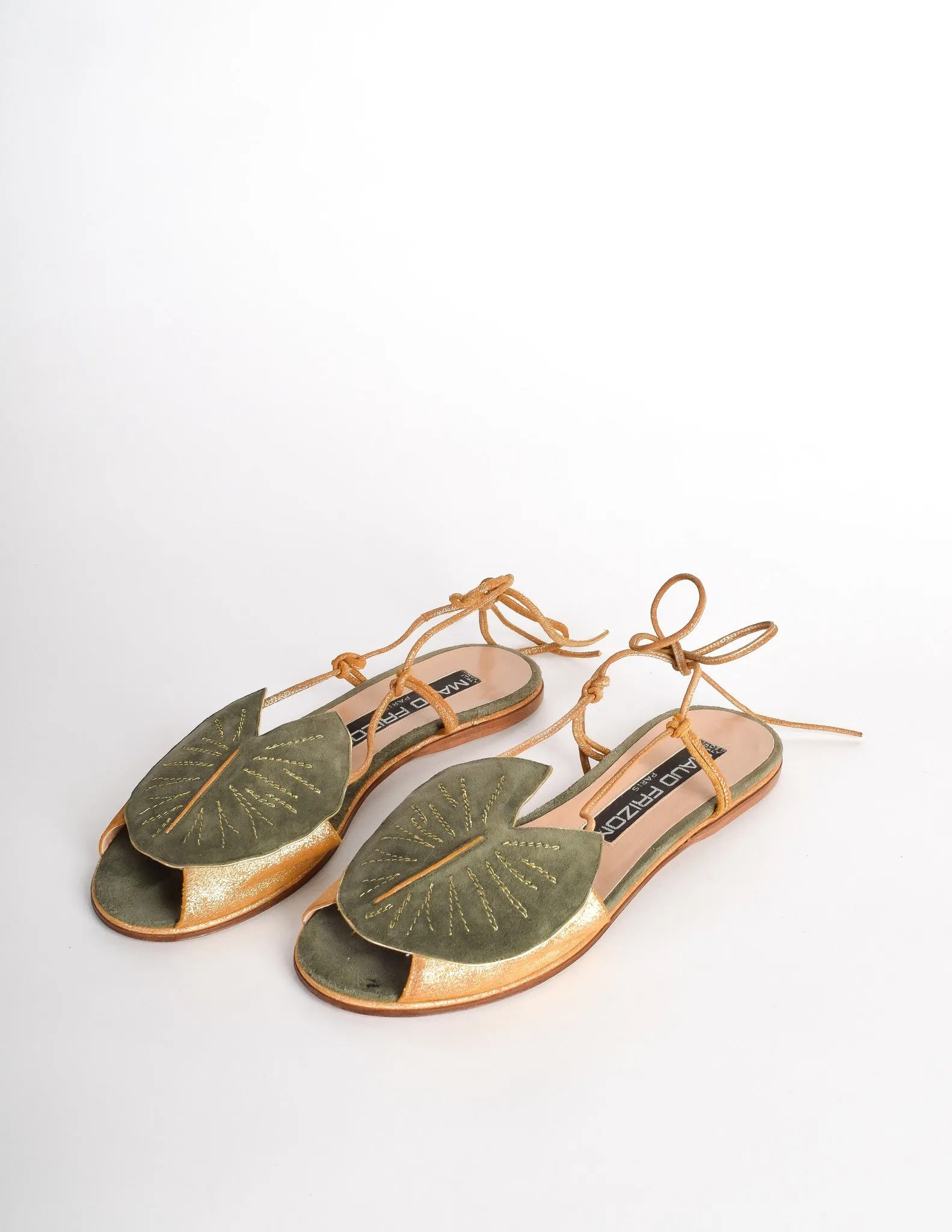 Maud Frizon Vintage Gold Leather & Green Suede Lily Pad Sandals