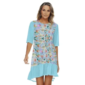 Midnight Floral Womens Half Sleeve Dress With Ruffle Hem