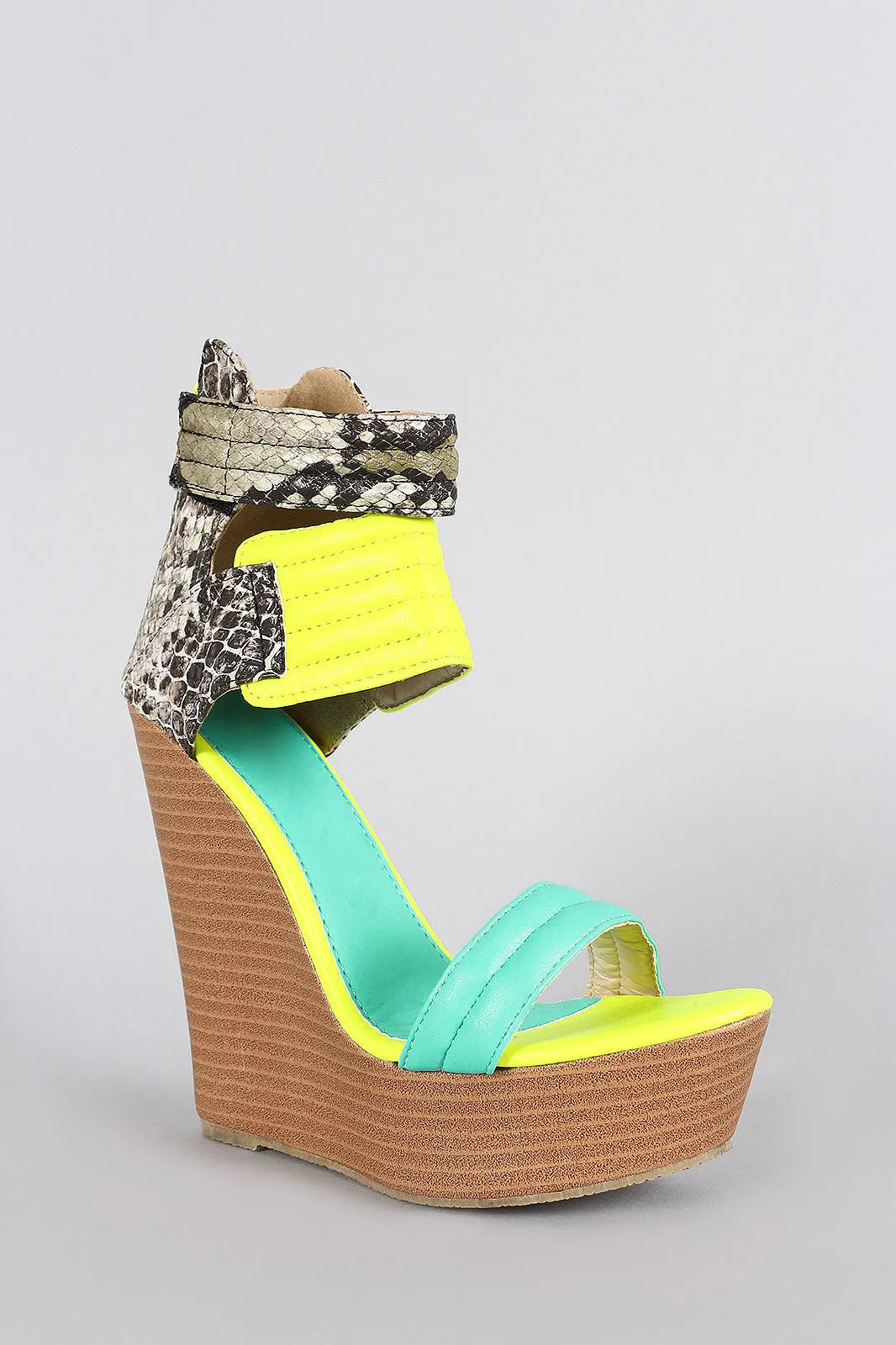 Neon Colorblock Snake Quilted Open Toe Platform Wedge