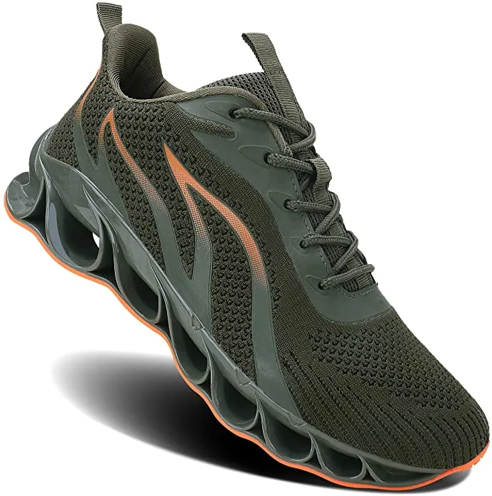 New MOSHA BELLE Men Athletic Shoes Mesh Blade Running Walking Sneaker in Army Green & Orange Sz 7.5