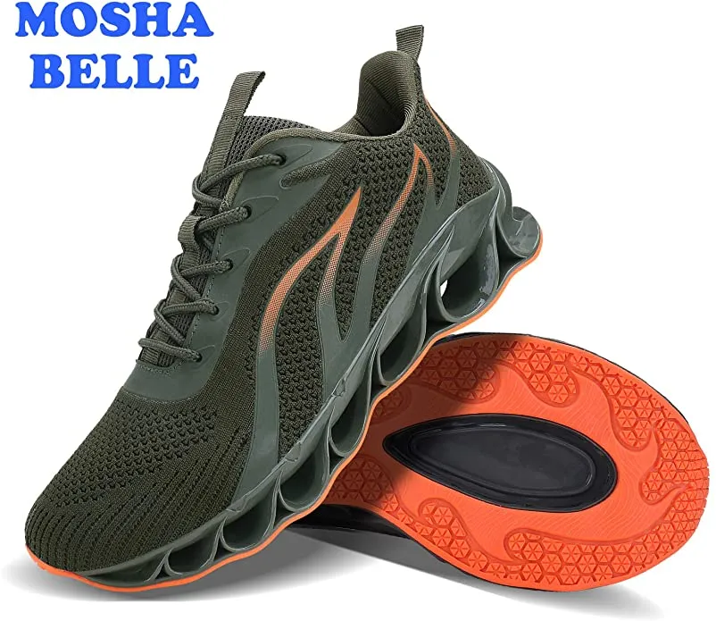 New MOSHA BELLE Men Athletic Shoes Mesh Blade Running Walking Sneaker in Army Green & Orange Sz 7.5