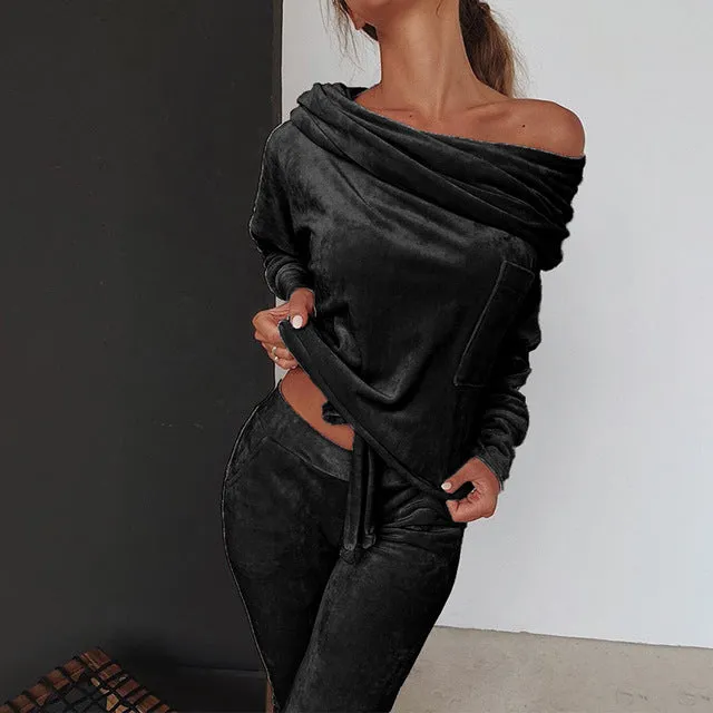 Off shoulder Velvet Women's lounge wear tracksuit