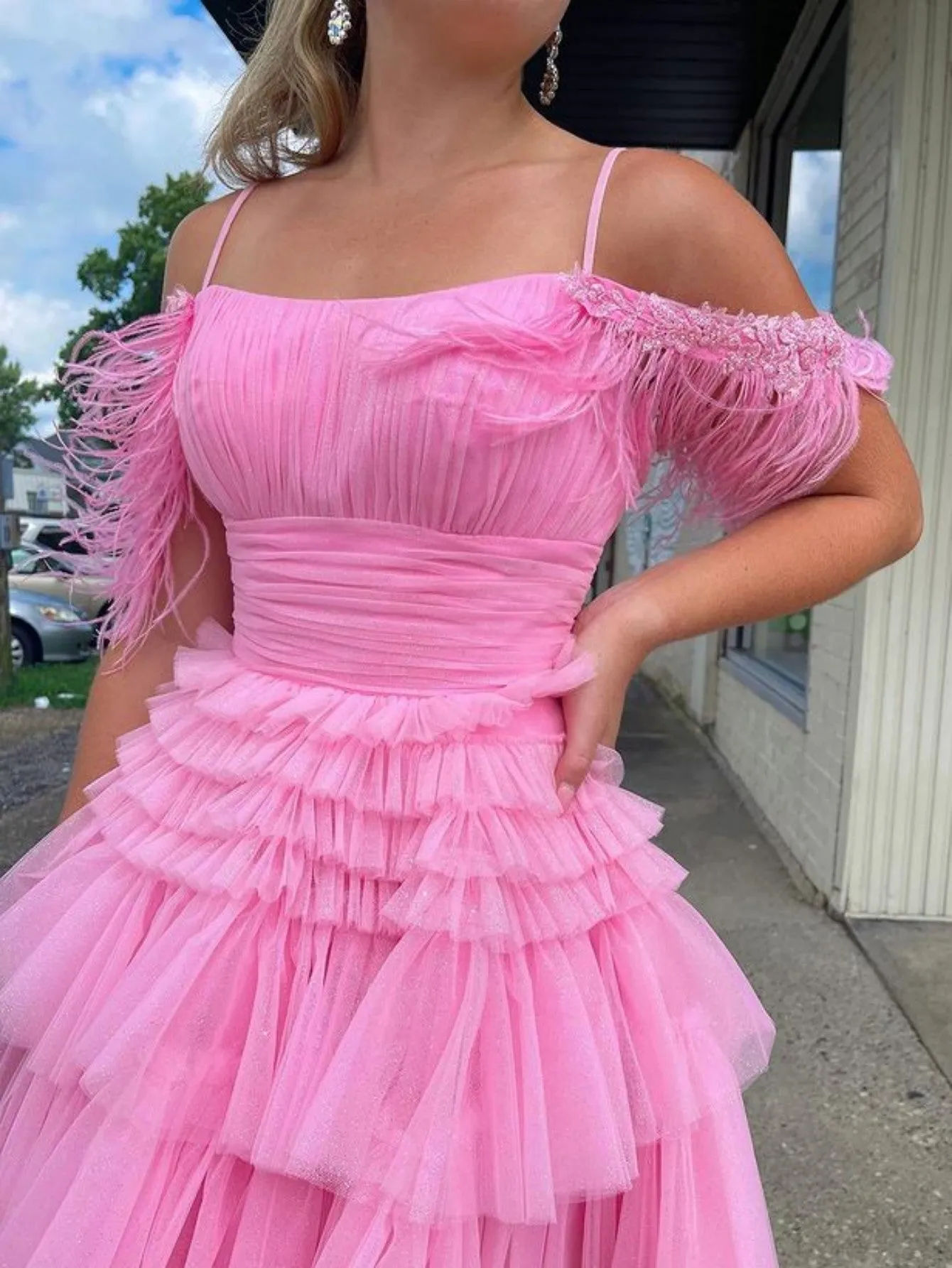 Pink A-Line Tiered Short Homecoming Dress With Feathers