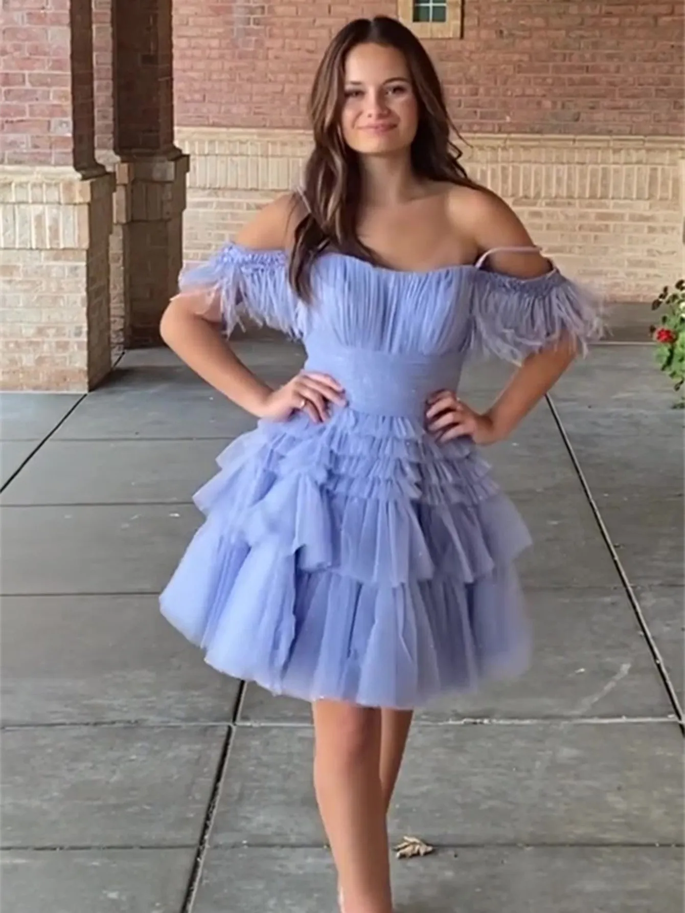 Pink A-Line Tiered Short Homecoming Dress With Feathers