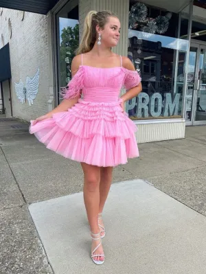 Pink A-Line Tiered Short Homecoming Dress With Feathers