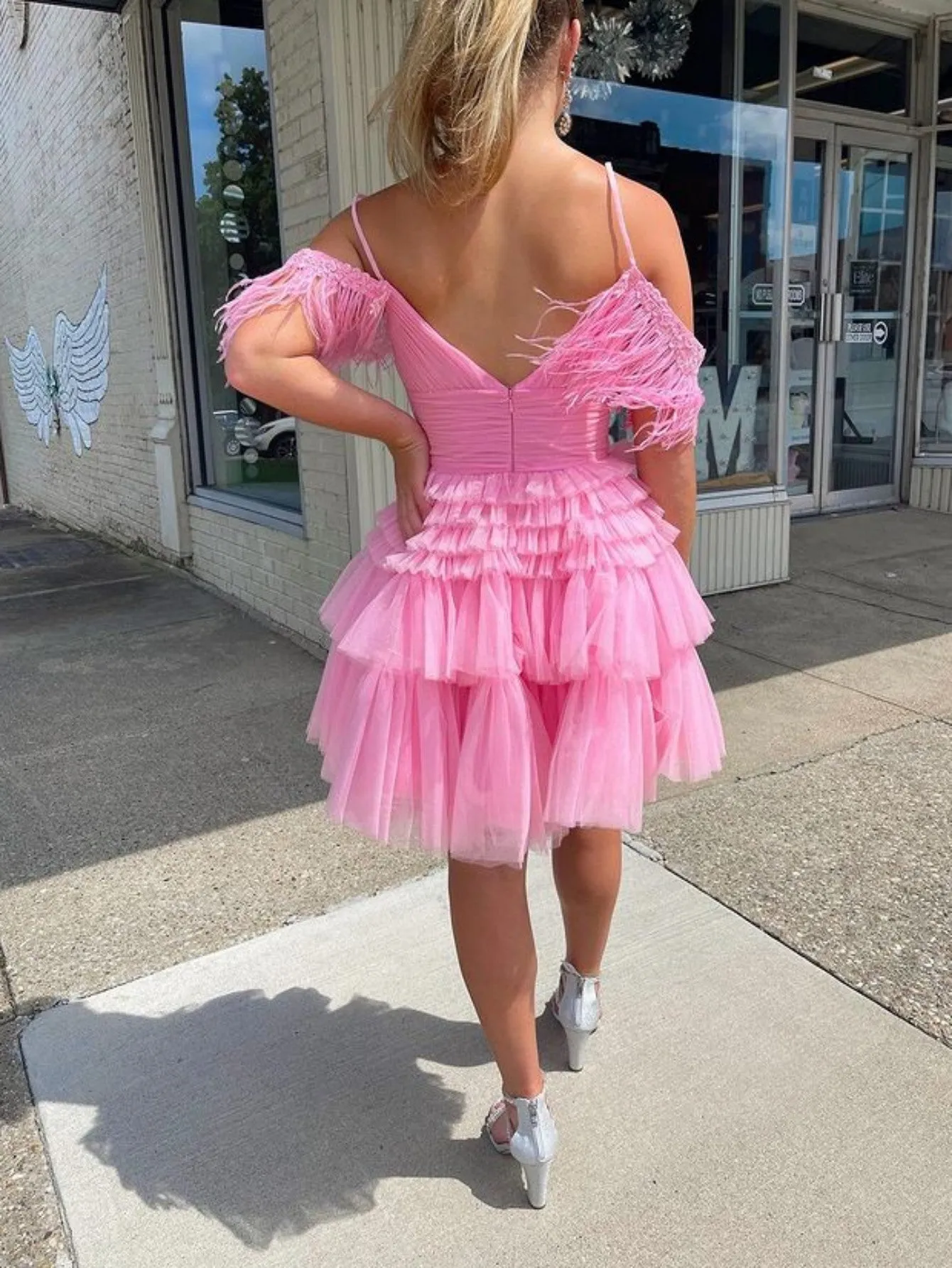 Pink A-Line Tiered Short Homecoming Dress With Feathers