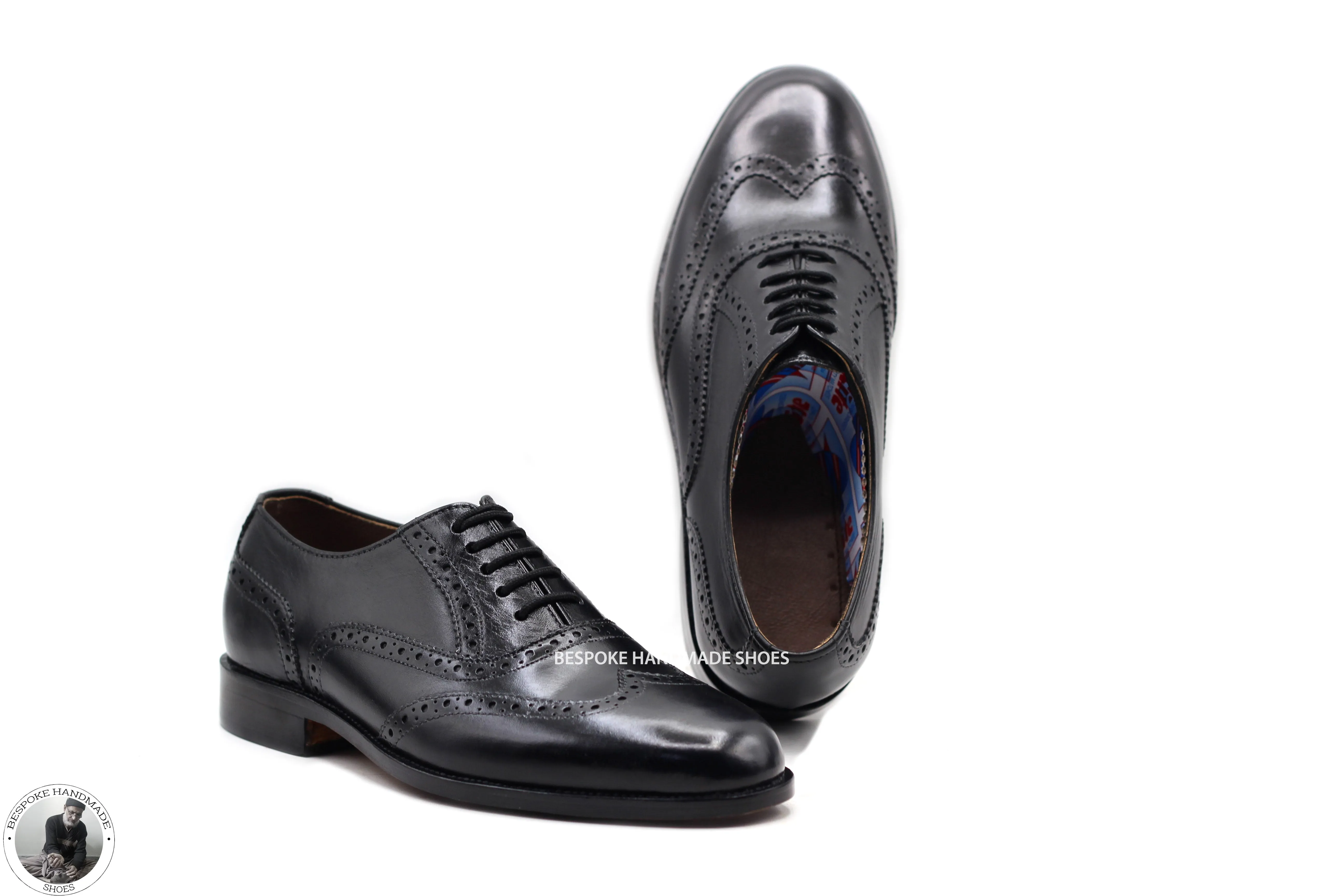 Premium Quality Handmade Genuine Black Leather Oxford Wingtip Brogue Lace Up Dress Shoes For Men