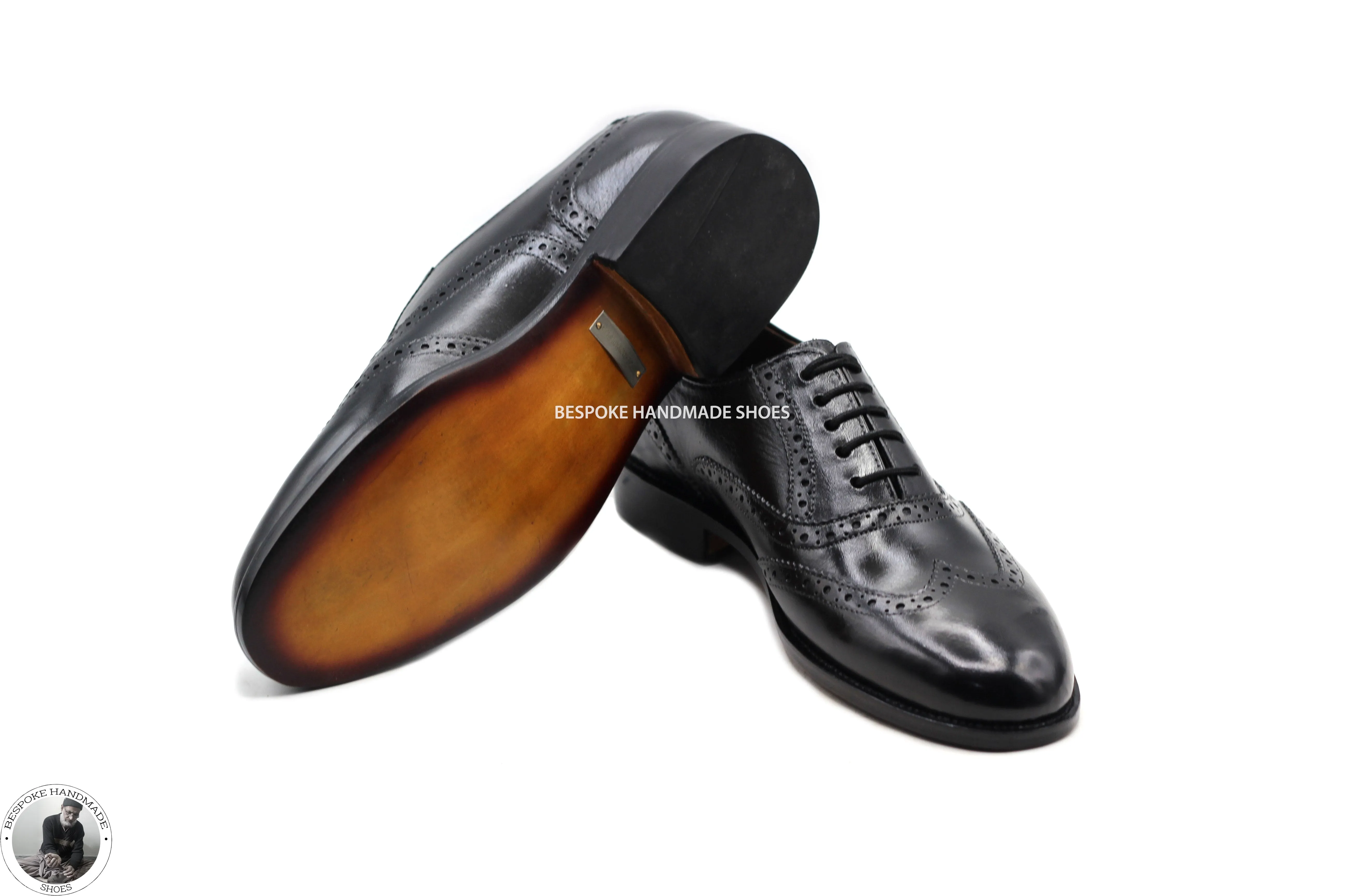 Premium Quality Handmade Genuine Black Leather Oxford Wingtip Brogue Lace Up Dress Shoes For Men