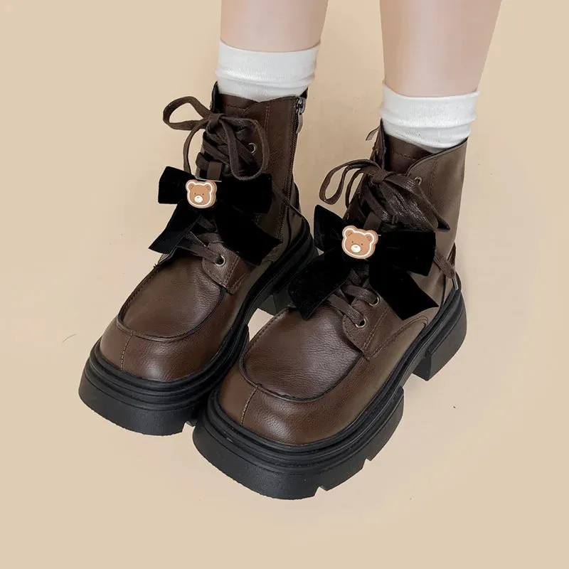 Pretty Bear and Bow Brown Leather Boots - Women's