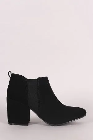 Qupid Nubuck Almond Toe Elastic Gore Chunky Heeled Ankle Boots