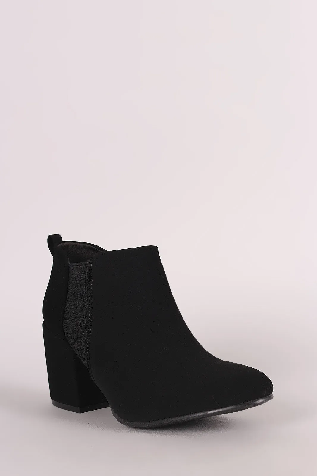 Qupid Nubuck Almond Toe Elastic Gore Chunky Heeled Ankle Boots