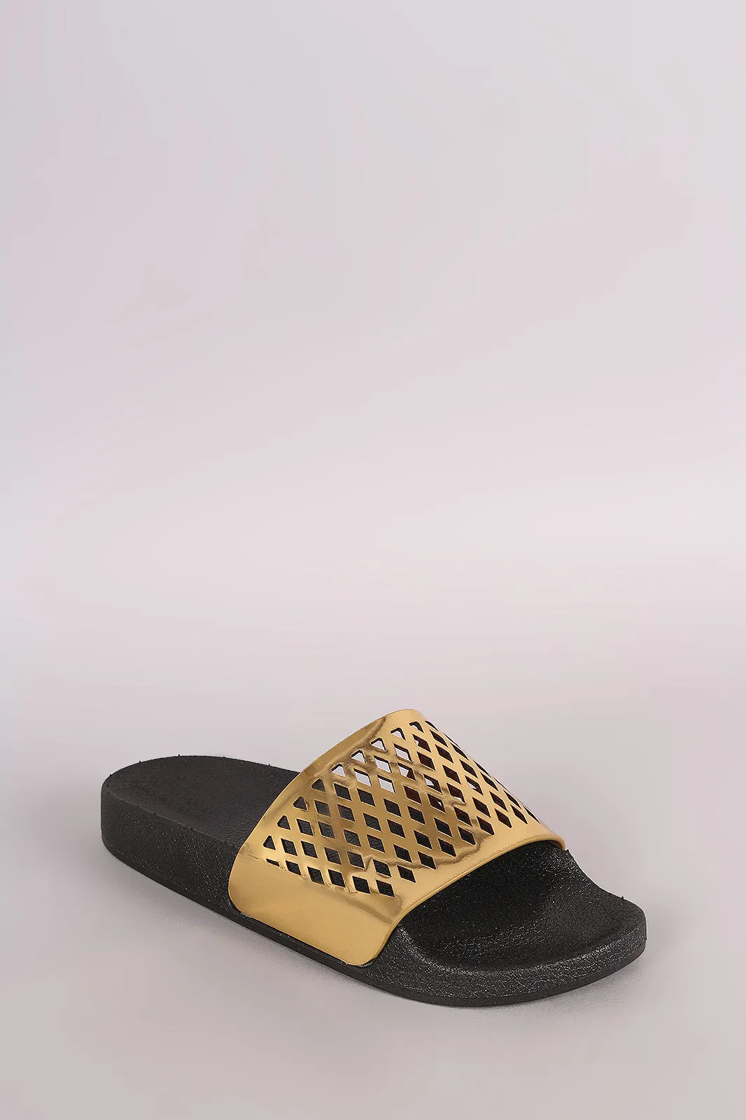 Qupid Perforated Patent Open Toe Slide Sandal