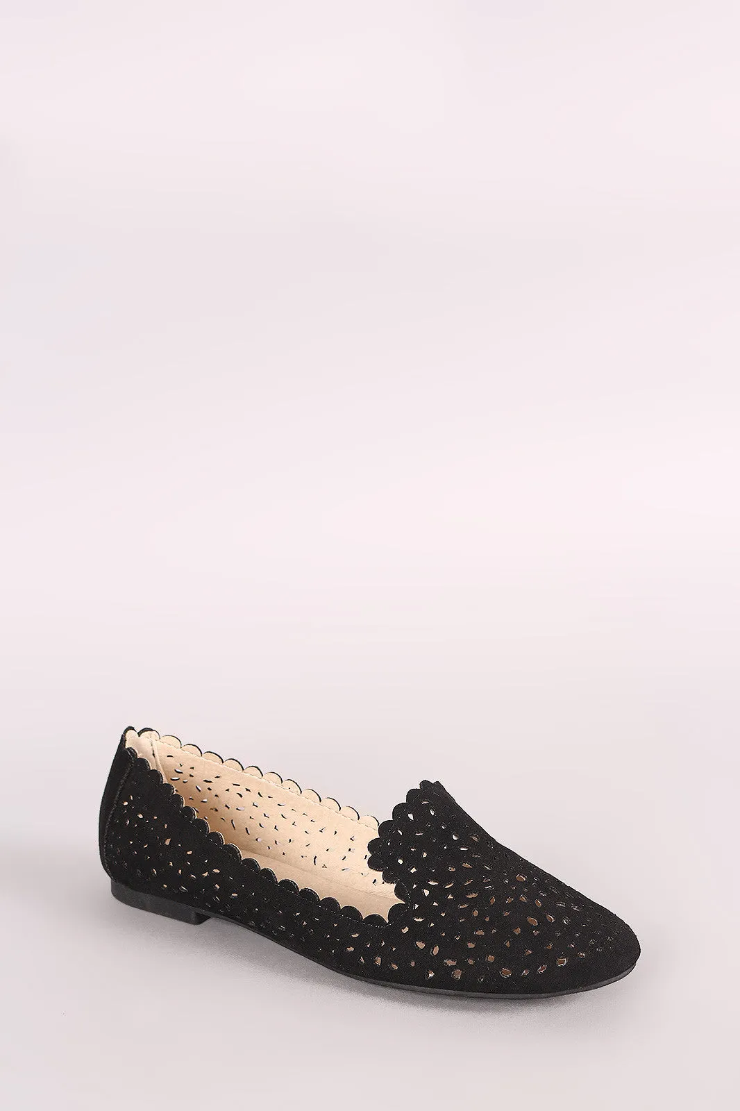 Qupid Perforated Suede Scalloped Loafer Flat